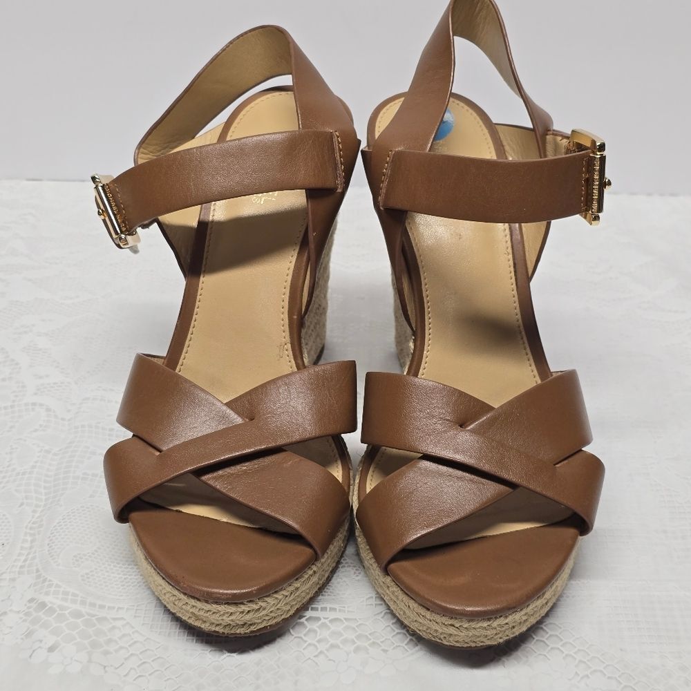 Michael Kors Viola Espadrille Wedge Sandals In Peanut Butter Genuine Leather 7.5 - Picture 2 of 11
